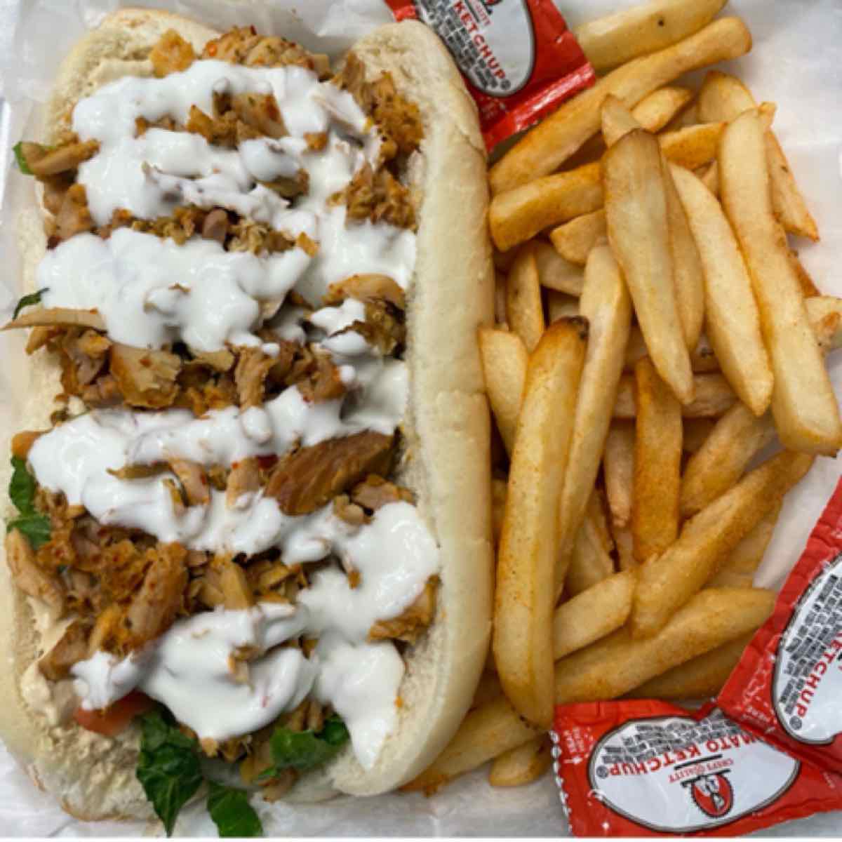 Chicken shawarma sub with fries